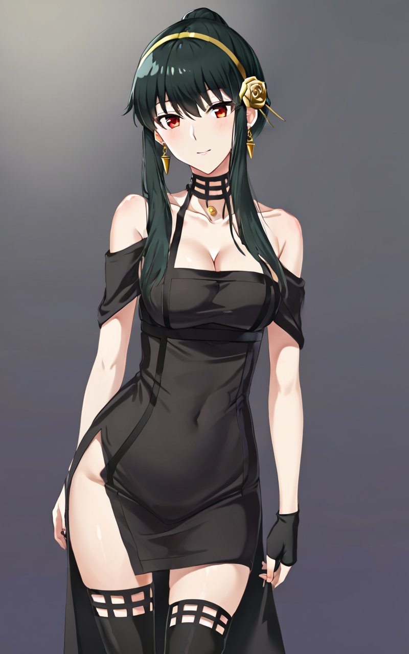 1girl, <lora:sdxl-sf-yor_briar:0.9>, yor briar, ibarahime, (slanted eyes), :/  updo (folded ponytail hair pulled back), (Folded tied hair), (bare_shoulders off shoulder black slit dress, black fingerless_gloves, gold hairband with hair flower, gold rose ornament, black thighhighs, high heel boots, collarbone, cleavage) , black hair sideburns, (slanted eyes) red eyes, medium breasts, shiny hair, bangs, gold earrings, long locks, hair between eyes, skindentation flustered look 