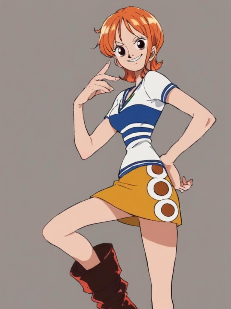 <lora:NamiPony1.0:1> nami, 1girl, short hair, orange hair, solo, striped shirt, yellow skirt, looking at viewer, smile, brown eyes,boots,  upper body,hand on own hip,smile, score_9,simple background,  score_8_up, score_7_up, score_6_up