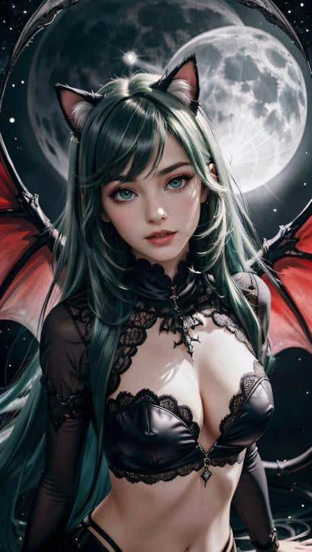 (best quality, masterpiece, colorful, dynamic angle, highest detailed)upper body photo, fashion photography of cute succubus girl, gothic, large demon red wings (high resolution textures), long green hair, (abstract art), half demon, crimson cat iris, cat eyes, vampire very long fangs, (intricate details, hyperdetailed:1.15), detailed, moonlight passing through hair, (official art, extreme detailed, highest detailed), HDR+