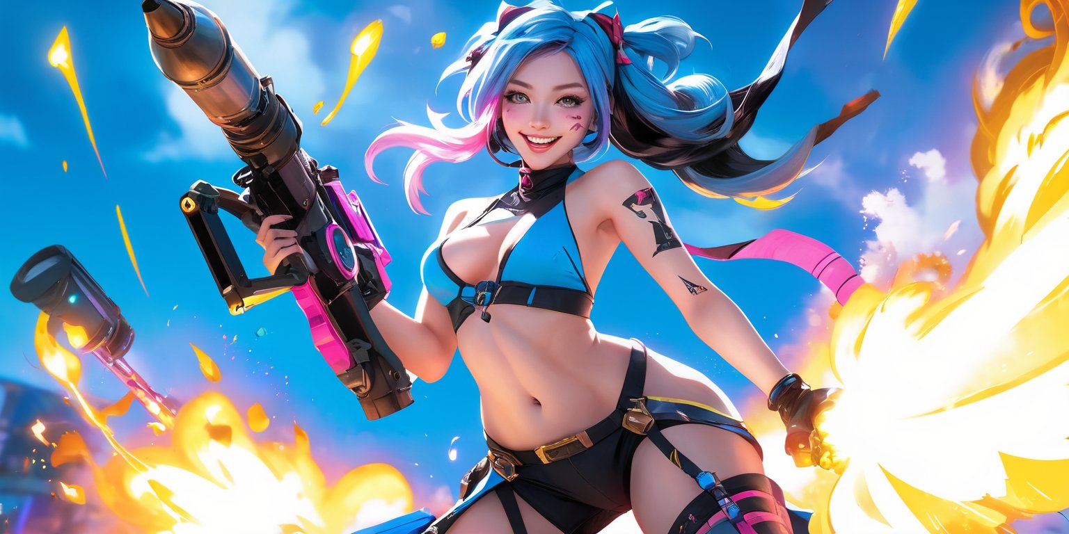 fullbody,jinx,league of legends style,laughing,a light on a blue,faced k-pop girl,(masterpiece:1.2),hi-res,4k,pastel color,jinx_/(league of legends/),pink eyes,blue hair,portrait,gatling,rocket launcher,crazy postures,