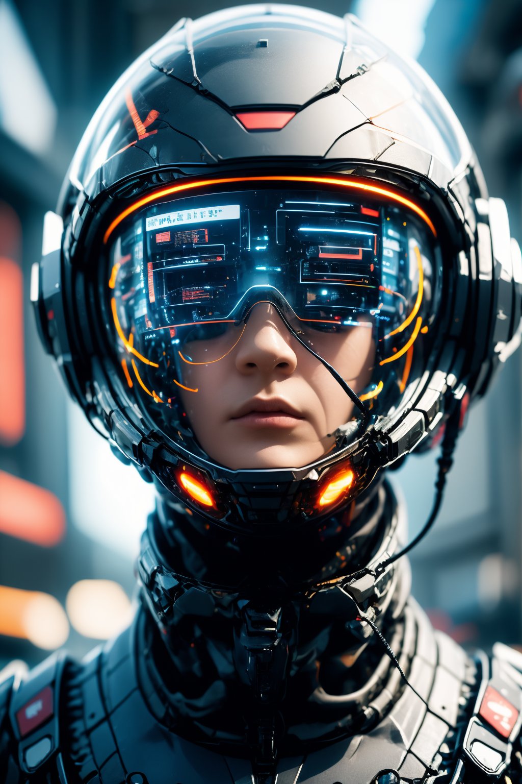 AgainCyberpunk, 1girl, solo, realistic, science fiction, helmet, cable, cyberpunk, lips, portrait, head-mounted display, blurry, robot, depth of field, blurry background, closed mouth, screen, glowing, facing viewer