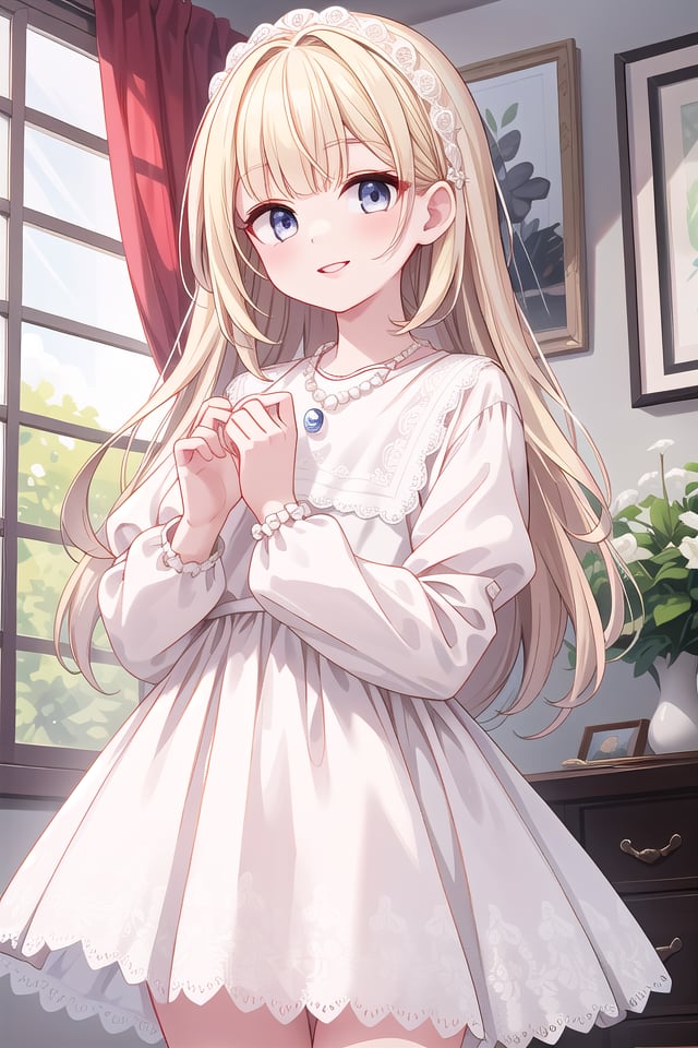 insanely detailed, absurdres, ultra-highres, ultra-detailed, best quality,1girl, solo, nice hands, perfect hands,BREAK(dress, eyelashes, jewelry, lace trimmed dress, lace trim, lips, necklace, pearl necklace, red lips, white dress:1.3)BREAKhappy smile, laugh, closed mouth, standing,,cute pose, cowboy shot, looking at viewerBREAKslender, kawaii, perfect symmetrical face, ultra cute girl, ultra cute face, ultra detailed eyes, ultra detailed hair, ultra cute, ultra beautiful,BREAKin hotel roomBREAKlarge breasts, blonde long hair, bangs, (cleavage:-1.5)