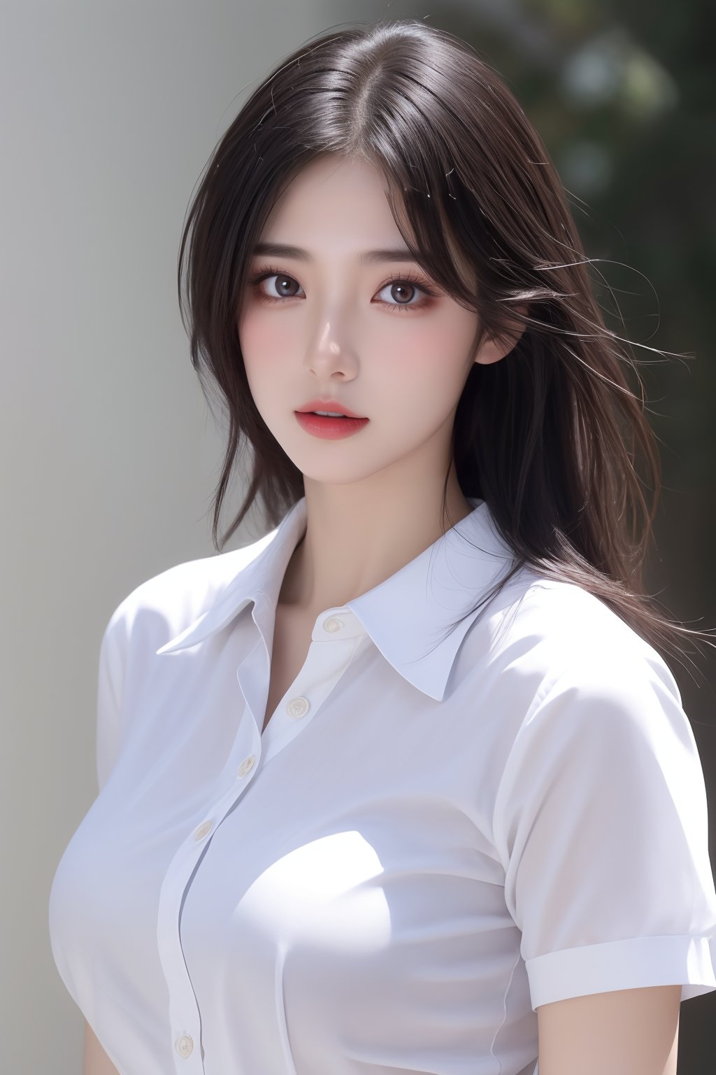 1girl, black hair, bra, bra visible through clothes, breasts, brown eyes, collared shirt, large breasts, lips, long hair, looking at viewer, nose, photorealistic, realistic, see-through, shirt, short sleeves, solo, underwear, upper body, wet clothes, wet shirt, white shirt, wing collar <lora:美女:0.8>