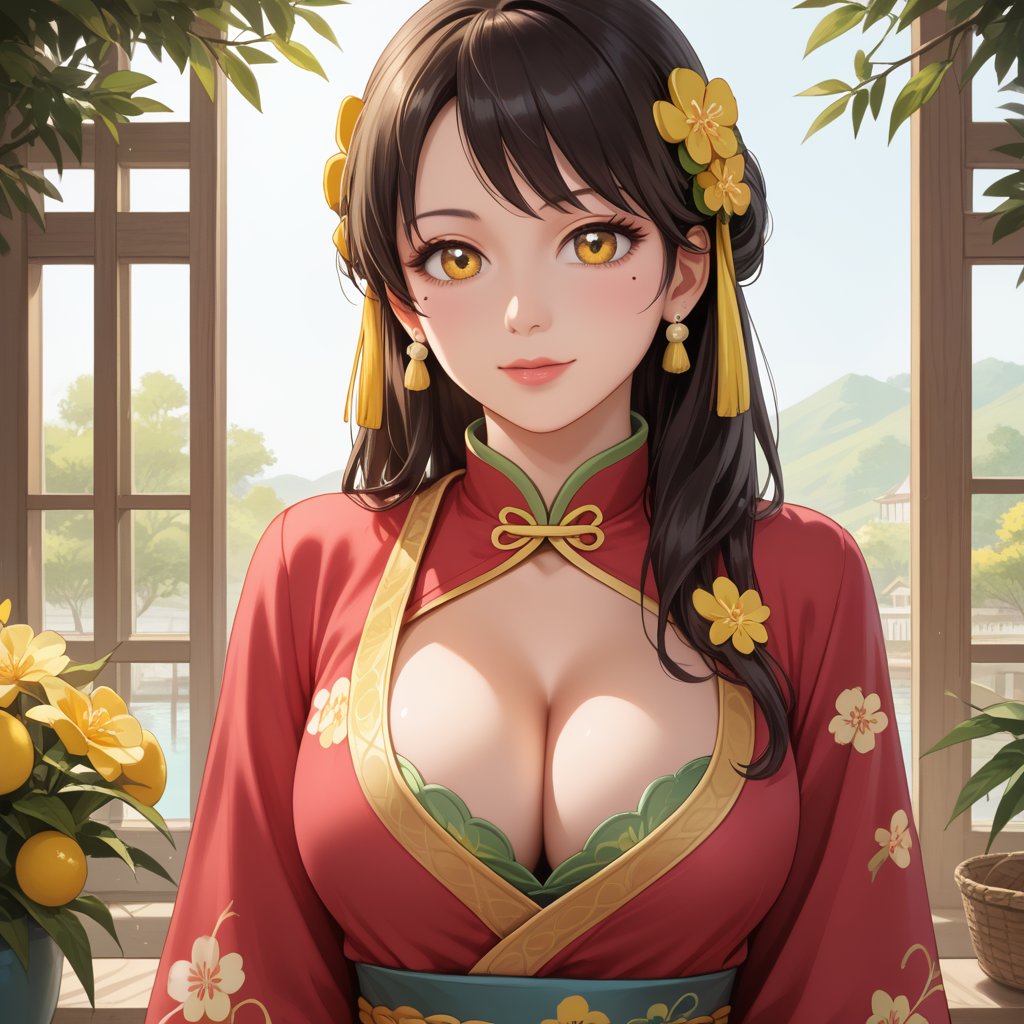 (,1girl, ,best quality, ),,  ,ultra realistic 8k cg, ,masterpiece, (( , )),,  fiction,mole, ,      , lemon blossoms,  (cleavage),,  (), ,,,