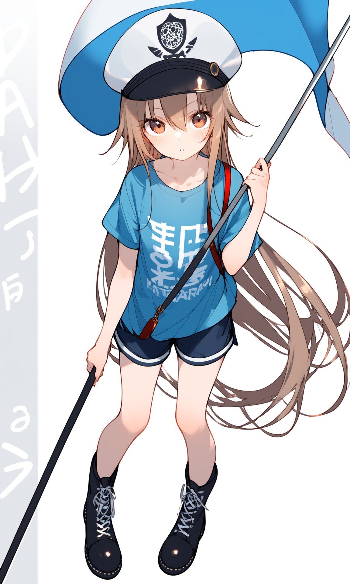 1girl, platelet (hataraku saibou), solo, hat, long hair, brown eyes, brown hair, shirt, blue shirt, looking at viewer, flat cap, boots, flag, white background, blush, short sleeves, simple background, bag, holding, black footwear, hair between eyes, holding flag, shorts, white headwear, shoulder bag, parted lips, bangs, from above, clothes writing, character name, very long hair, full body, collarbone