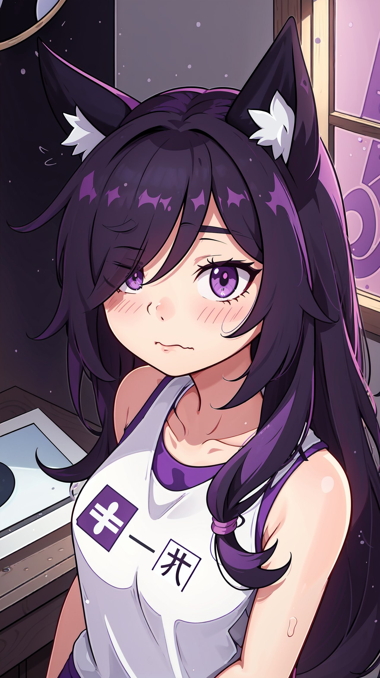 best quality, aesthetic, detailed, by ziyun, 1girl, rice shower, hair over one eye, long hair, horse ears, purple eyes, squiggle, sportswear, detailed face, dark room messy room, shadow dim light, rim lighting, cartoon style