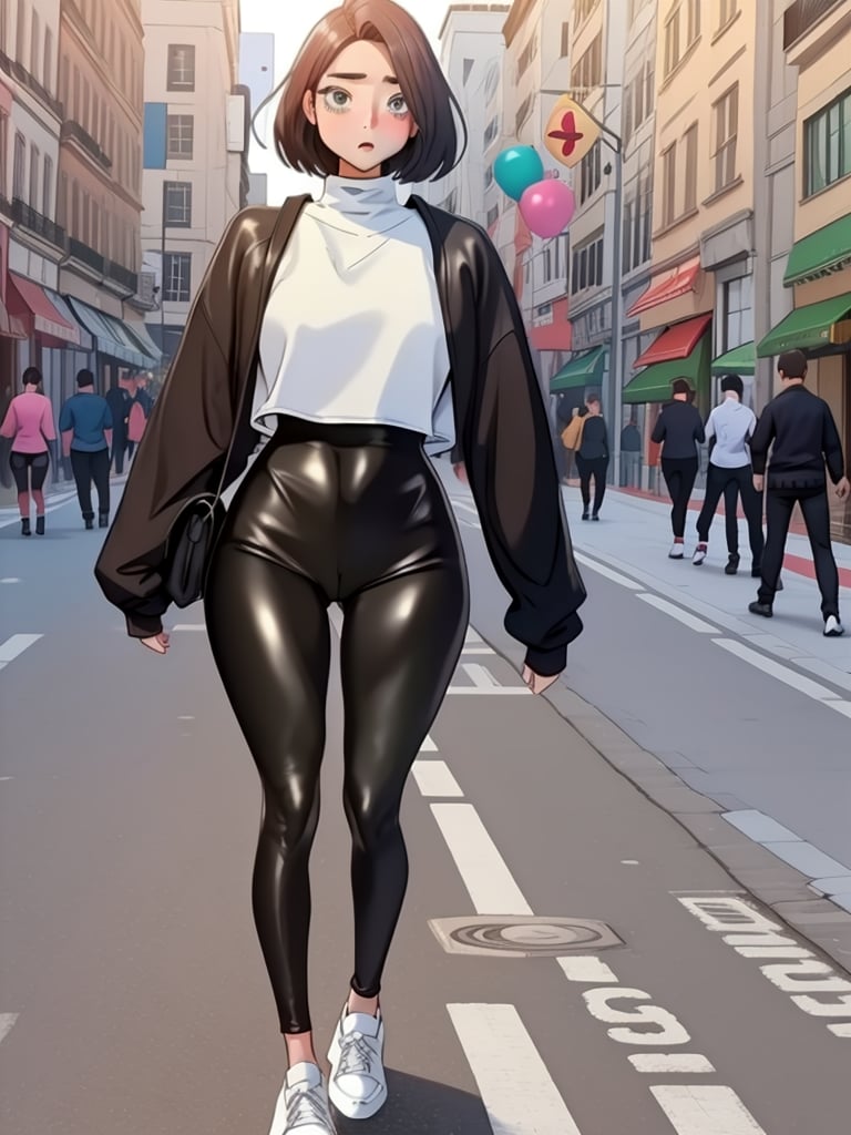 1girl,Walking as if wearing oversized clown shoes,Leather leggings, oversized sweater, and sneakers.,