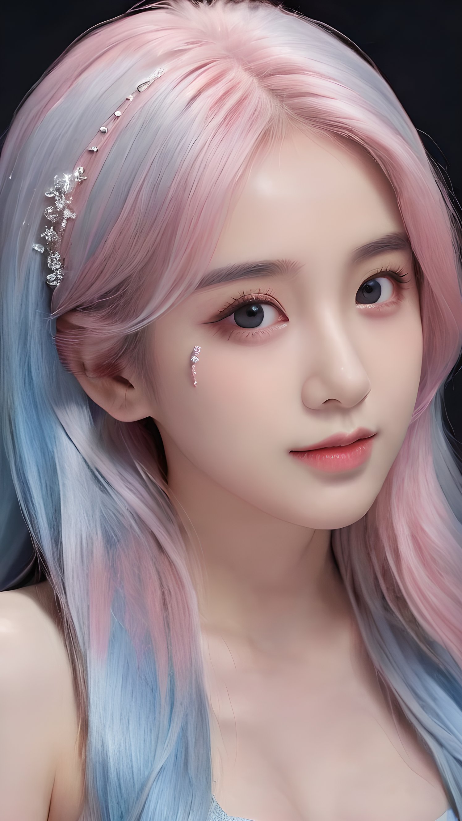 yanshangyue, 1girl, solo, xiaowu, BIG EYES, xxmix girl woman, <(masterpiece, realistic:1.3), (extremely intricate:1.2)>, portrait of a girl, sliver gradient hair, (sliver hair:1.1), (light blue hair:1.1), (pink hair:1.2), ((solid color background:1.3)), beautiful detailed glow, (detailed ice), beautiful detailed water,  <lora:molixl3:0.6>