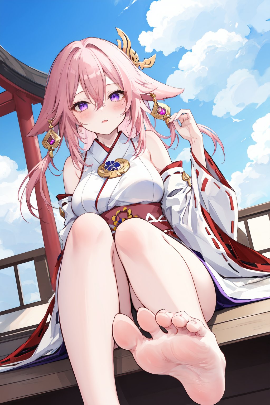 1girl,yae miko,pink hair,solo,barefoot,feet,purple eyes,foot focus,long hair,looking at viewer,toes,breasts,soles,foreshortening,bare legs,sky,sitting,japanese clothes,hair between eyes,hair ornament,bangs,jewelry,large breasts,bare shoulders,detached sleeves,blue sky,cloud,legs,blush,