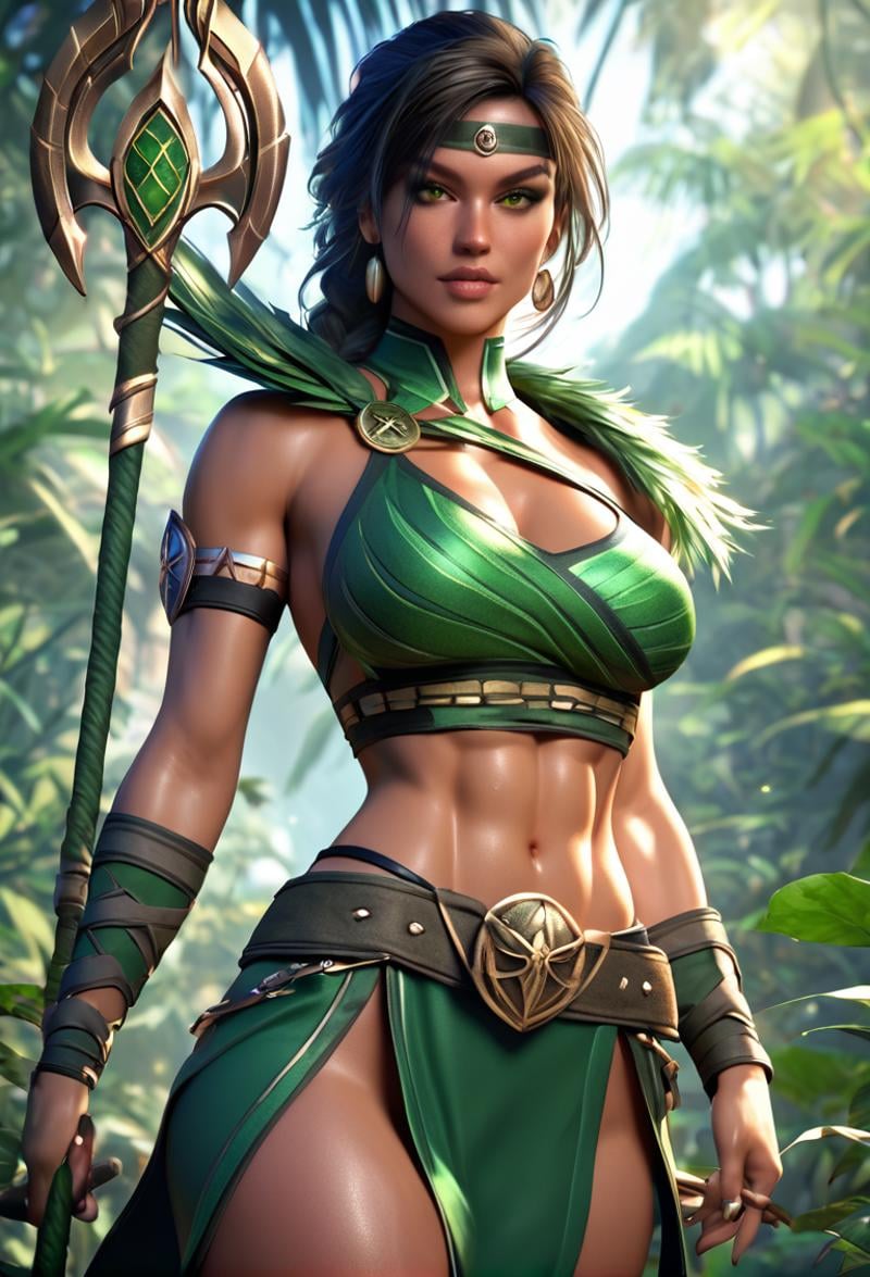score_9, score_8_up, score_7_up, Jade from "Mortal Kombat" stands in the depths of the Edenian jungle, her green outfit merging with the lush foliage. Her bo staff is held at the ready, her eyes scanning for enemies with a lethal precision that belies her regal poise.