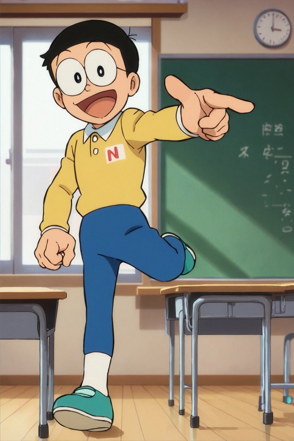 score_9, score_8_up, score_7_up, score_6_up, score_5_up, score_4_up, source_anime, nobi nobita, 1boy, glasses, male focus, solo, yellow shirt, blue pants, pointing, black hair, pointing at viewer, open mouth, smile, classroom, black eyes, indoors, looking at viewer, masterpiece, best quality,<lora:minamoto shizuka and nobita pony:0.8>