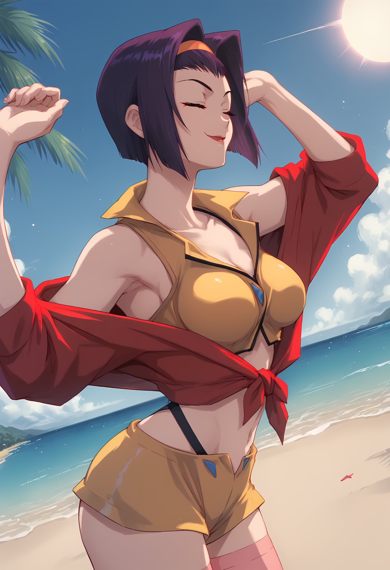 score_9, score_8_up, score_7_up, score_6_up, score_5_up, score_4_up, BREAK source_anime,1girl, fv4lent, yellow_outfit_pink_thighighs, red jacket, stretching, in beach, sunny , sun, smirk, eyes closed, dutch angle, <lora:xl_more_art-full_v1:1>, <lora:faye-pony:1>