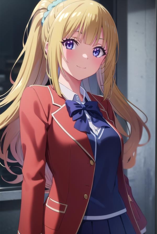 keikaruizawa, <lora:kei karuizawa s2-lora-nochekaiser:1>, kei karuizawa, long hair, bangs, blunt bangs, (purple eyes:1.1), blonde hair, shirt, hair ornament, ponytail, scrunchie, blue scrunchie, smile,BREAK skirt, shirt, bow, school uniform, jacket, (red jacket:1.2), pleated skirt, bowtie, sweater, (blue bow:1.2), (blue shirt:1.2),BREAK indoors, classroom,BREAK looking at viewer, (cowboy shot:1.5),BREAK <lyco:GoodHands-beta2:1>, (masterpiece:1.2), best quality, high resolution, unity 8k wallpaper, (illustration:0.8), (beautiful detailed eyes:1.6), extremely detailed face, perfect lighting, extremely detailed CG, (perfect hands, perfect anatomy),