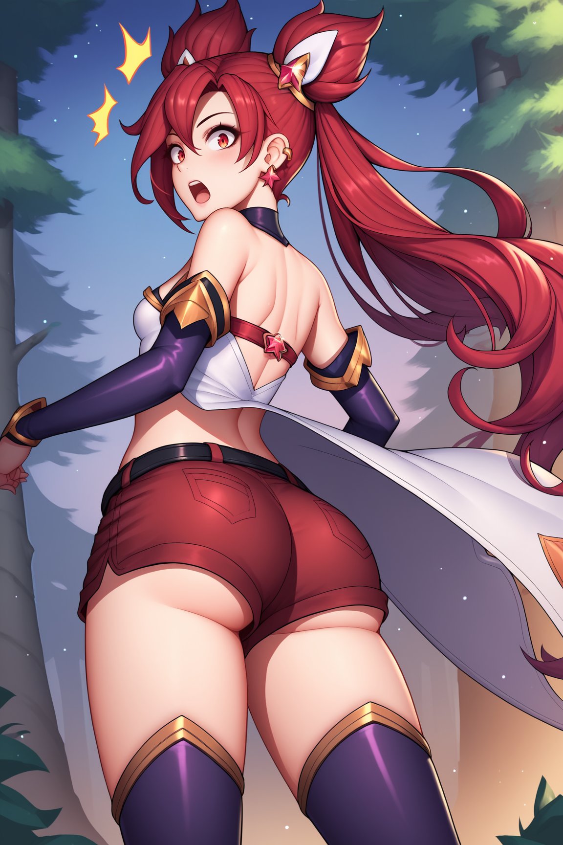 score_9, score_8_up, score_7_up, score_6_up, score_5_up, score_4_up, JinxSGLoLXL, star guardian (league of legends), red eyes, red hair, hair between eyes, twintails, cone hair bun, long hair, bangs, ear piercing, small breasts, bare shoulders, white dress, star (symbol), black elbow gloves, white elbow gloves, navel, black belt, red shorts, purple thighhighs, solo, standing, from behind, ass focus, big ass, ass, surprised, looking at viewer, forest, tree <lora:JinxSGLoLXL:0.8>