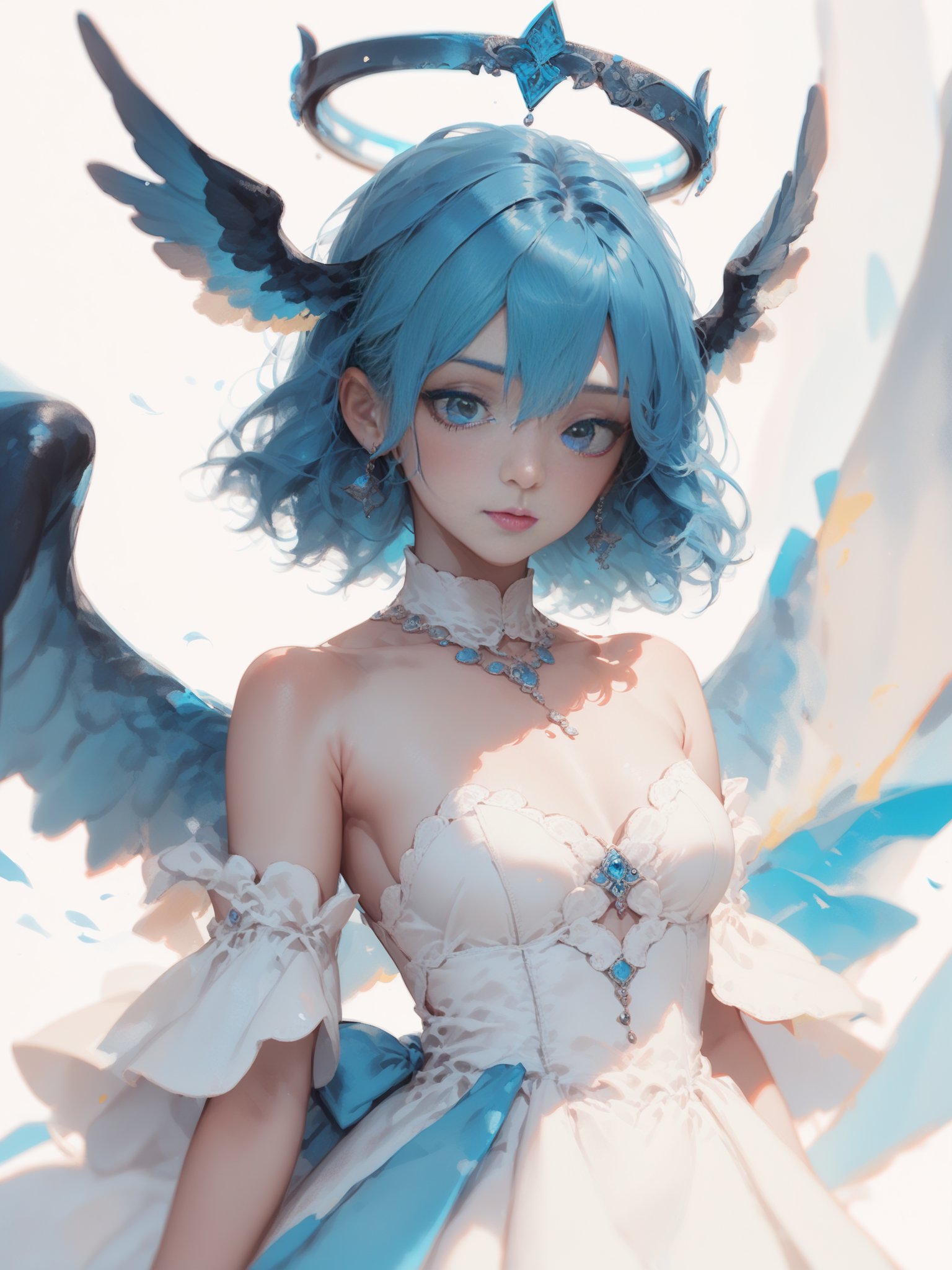 score_9, score_8_up, score_7_up, <lora:Asekka pony:1>white theme，1girl,robinSR,Medium Shot,robinSR,bangs,blue eyes,dress,bow,hair between eyes,bare shoulders,jewelry,medium breasts,blue hair,earrings,wings,strapless,halo,hair intakes,head wings,strapless dress,