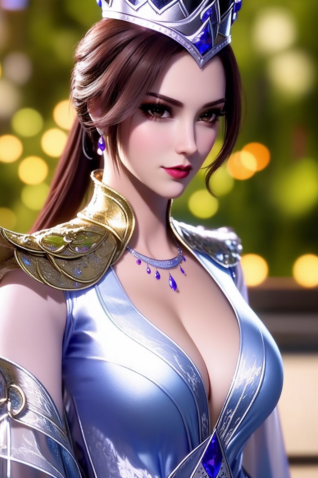 1girl, solo, jewelry, breasts, cleavage, brown hair, looking at viewer, crown, brown eyes, earrings, upper body, necklace, long hair, large breasts, blurry, dress, blurry background, lips, closed mouth, depth of field, red lips, gem, tiara, artist name, ponytail, realistic, mature female, makeup, lipstick, bokeh, detached sleeves, nose