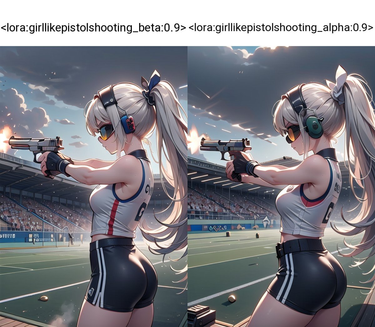 ((pistol shooting)), ((firing range)), (holding air handgun), outstretched arm, muzzle flash, aiming at viewer and target, player uniform, sleeveless, sports shorts, ear defenders, fingerless gloves, olympic games venue, wind, steam, sweat, shadow, 1girl, big tits, profile, standing, (((tinted eyewear))), <lora:girllikepistolshooting_beta:0.9>