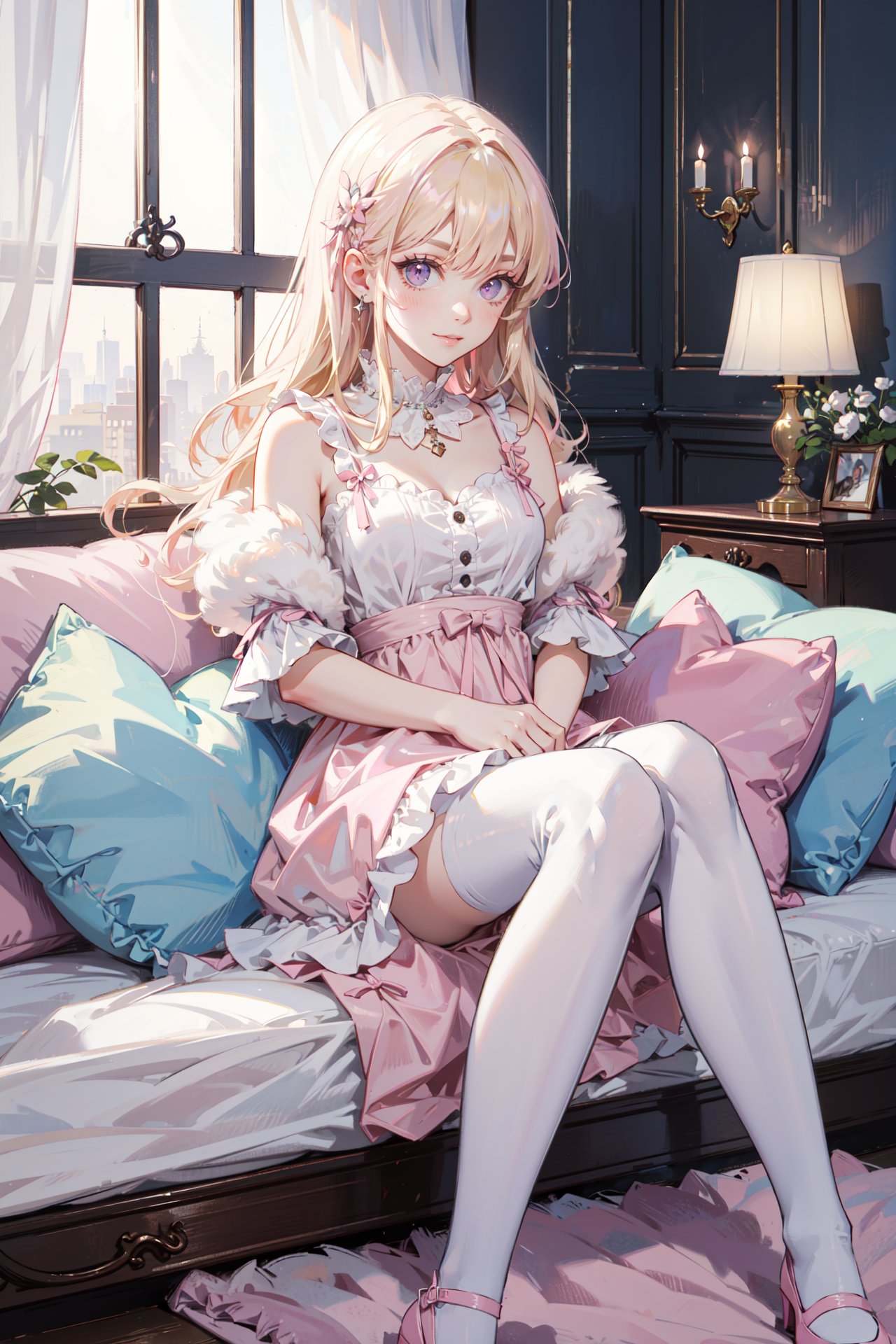 ((best quality, masterpiece, absurbres, super-resolution)), Blonde Hair, (Pastel Pink and white:1.3), (fuwafuwa kawaii Interior:1),  Lots of Pillows, Lots of Cushions, Fur Carpet, Doll dress, big hair, long eyelashes, Mansion