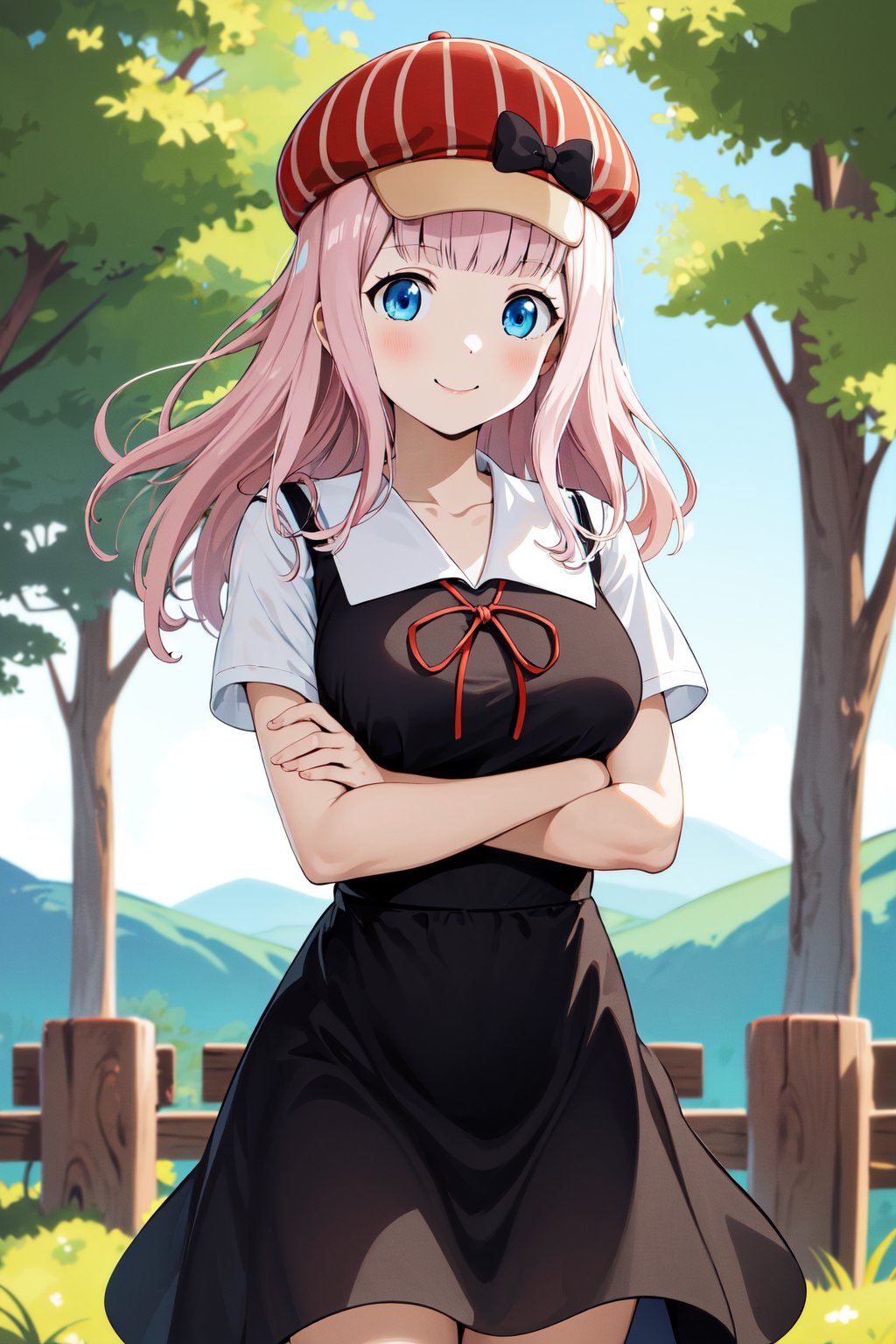 masterpiece, best quality, highres, aachika, long hair, hair bow, collarbone, summer uniform, neck ribbon, white shirt, pinafore dress, (black dress:1.2), short sleeves, black skirt, cabbie hat, red headwear, <lora:fujiwara_chika_v2:0.7>, crossed arms, standing, cowboy shot, smile