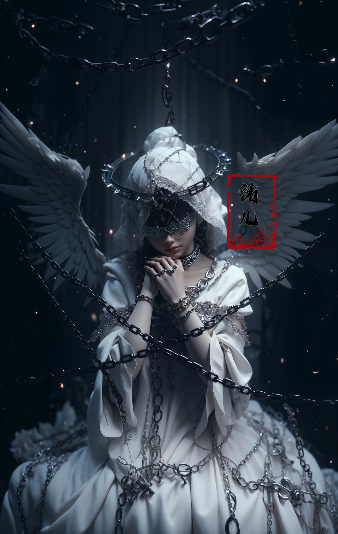 Black background，1girl, chain, wings, solo, dress, blindfold, white dress, jewelry, veil, choker, ring, own hands together, angel wings, feathered wings, covered eyes, halo， <lora:绪儿-锁链天使 Angel:0.8>