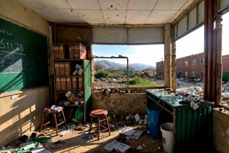 RAW photo,subject,8k uhd,dslr,soft lighting,high quality,film grain,Fujifilm XT3,,,ruanyi0056,book,book stack,bottle,box,broken,broken glass,broken window,bucket,building,cardboard box,chair,chalkboard,classroom,curtains,debris,desk,door,glass,grass,indoors,industrial pipe,messy room,pillar,rock,rubble,ruins,school,school desk,shelf,stone wall,stool,table,trash can,wall,water,dirty,reflection,dirt,dust,no humans,<lora:detail_slider_v4:1>,<lora:0056 abandoned school_v2:1>