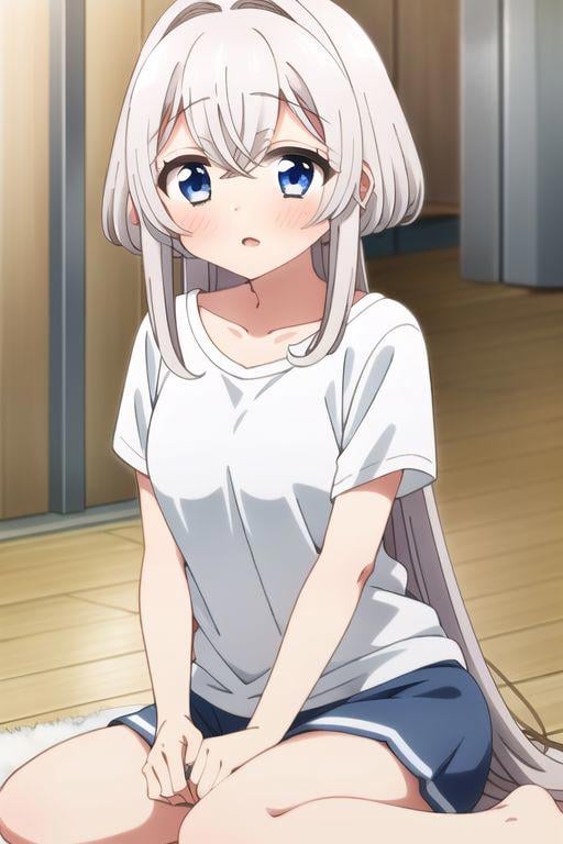 (masterpiece),towa, long hair, blue eyes, white hair, 1girl, solo, shirt, white shirt, sitting, blush, wooden floor, hair between eyes, indoors, short sleeves, on floor, collarbone, very long hair