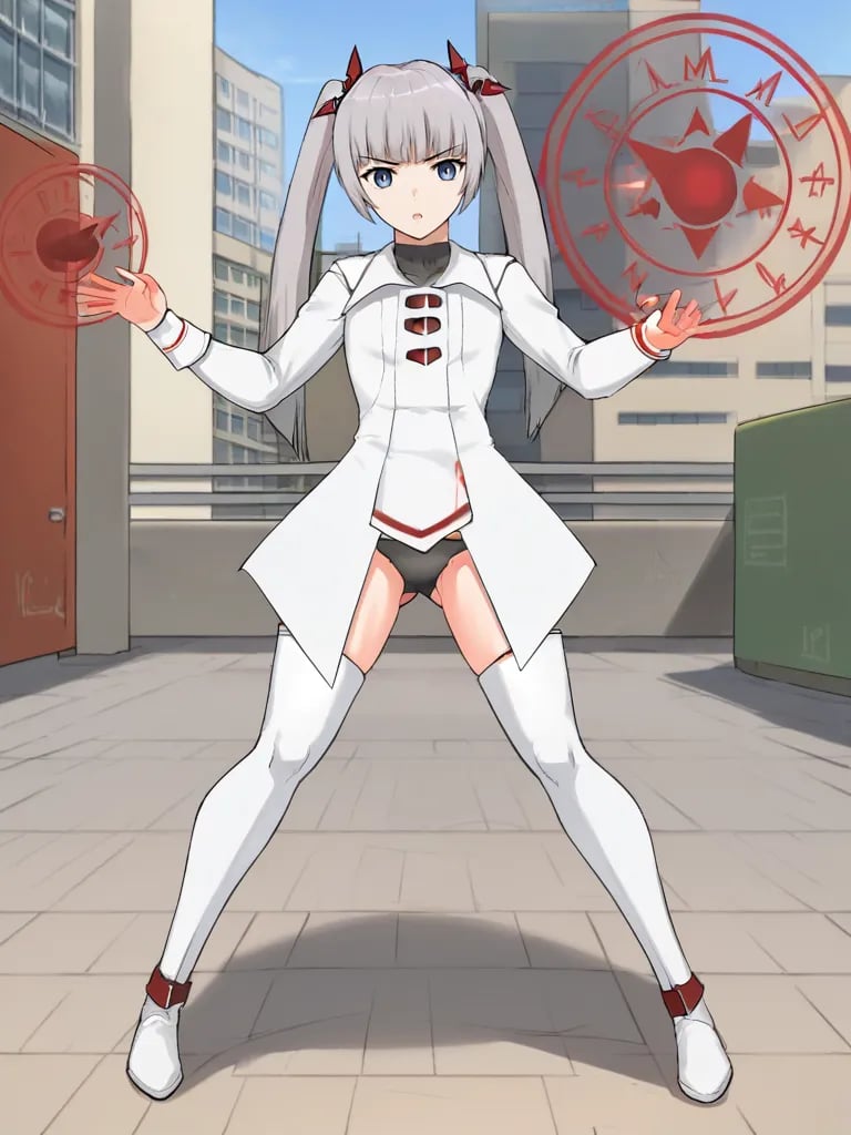 <lora:miamgbpony:1>,score_9, score_8_up, score_7_up, 1girl, solo, miamgb, grey hair, twintails, hair ornament, blue eyes, magical girl, underwear, thigh boots, standing, looking at viewer, outdoors, streets, serious, dynamic pose, legs apart, fight stance, open mouth, magic circle, spell,