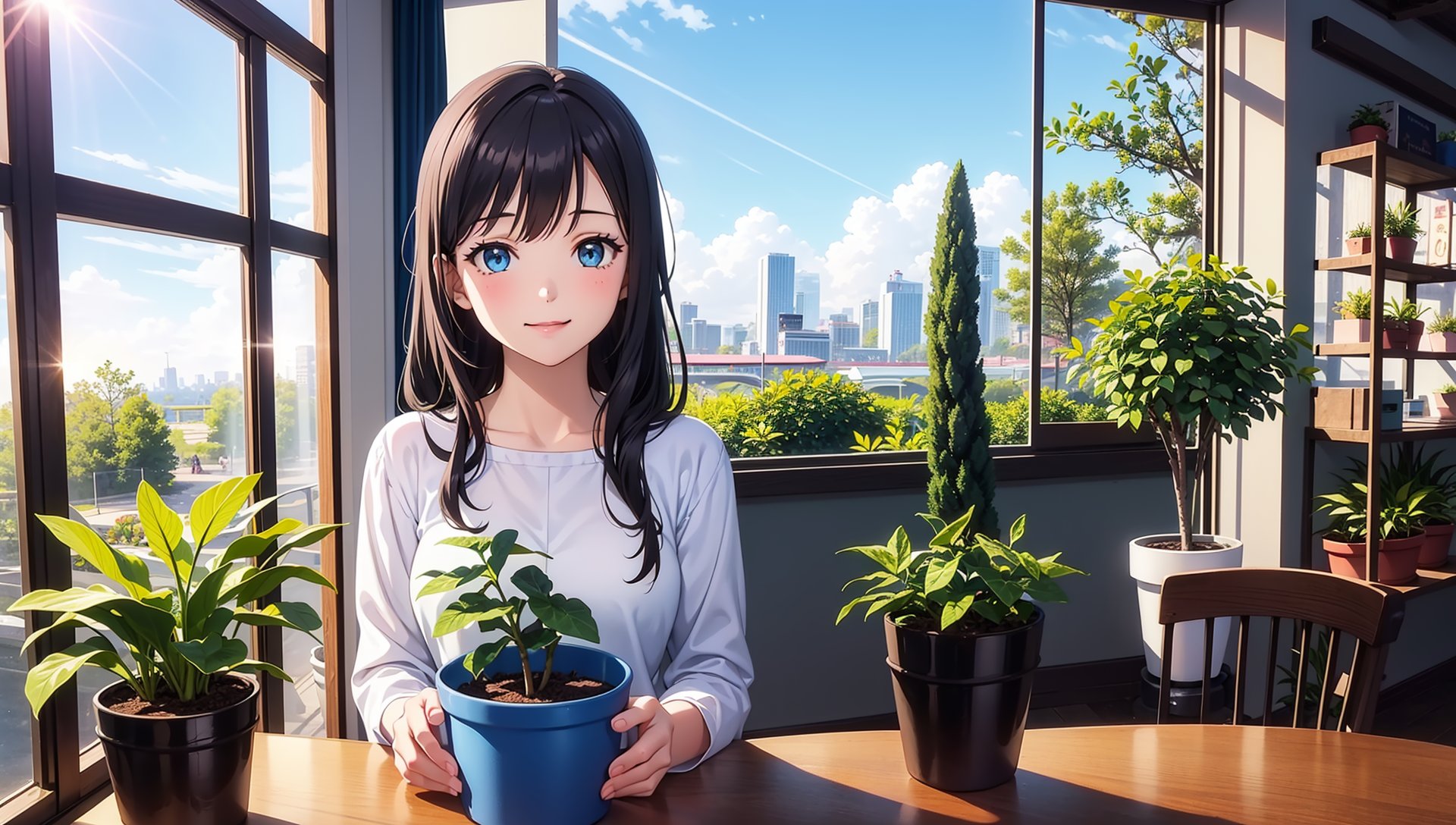 (1girl:1.6),black long hair,smile,beautiful detailed eyes,(masterpiece, highest best quality, original, amazing, extremely, Ultra HD, incredibly absurdres, best quality, 8k, photorealistic, RAW photo, 8k uhd, realistic, ultra high res),(open view),looking at viewer,close up,(upper body:1.5),(interior design),(botanical garden:1.5),(very many potted plant:1.5),(blue sky, morning sun:1.5),(soft lighting:1.1),(very many windows:1.1),(light pours into the house through a large number of windows:1.2),Light blue tailored,depth of field,a lot of books,a detailed matte painting,wooden floor,many bookshelves,lots of plants and books on the shelves and a window,plant,potted_plant,palm_tree,plant,potted_plant,scenery,shelf,table,tree,Wide field of view,background is the street,(lens flare),(modern city),