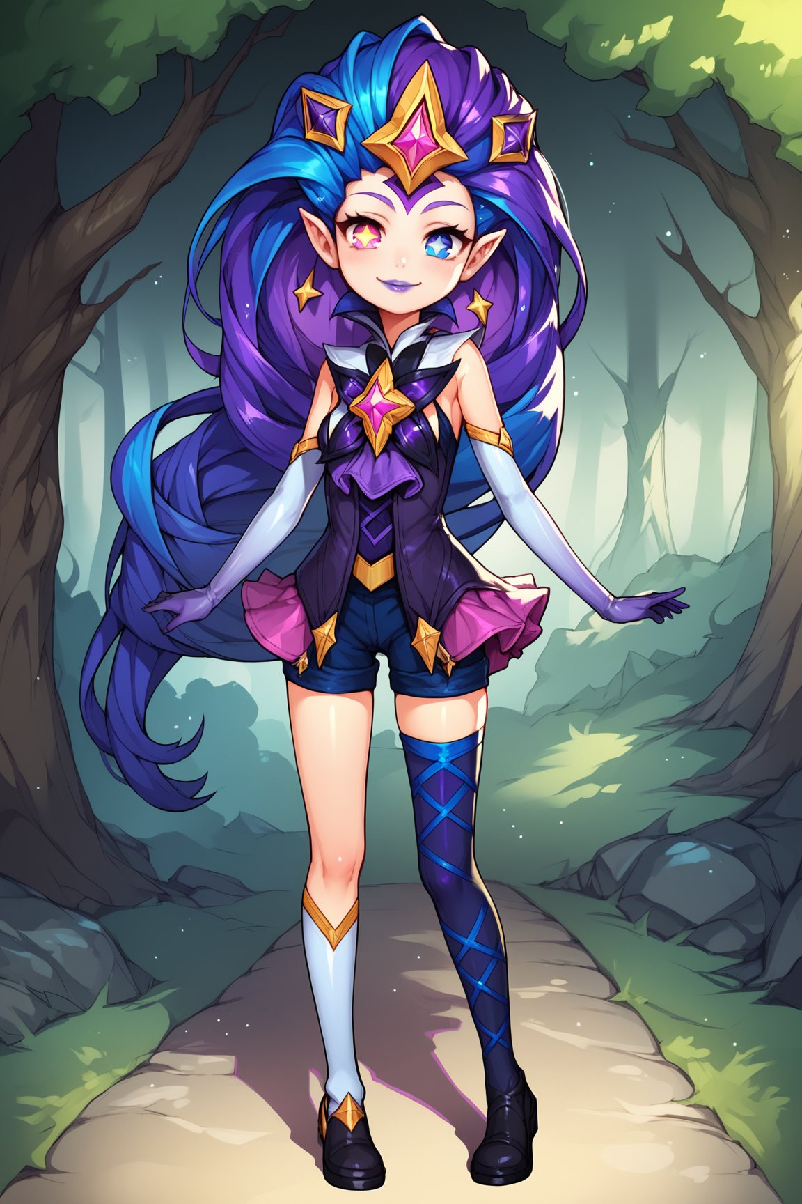 score_9, score_8_up, score_7_up, score_6_up, score_5_up, score_4_up, BREAK, ZoeSGXL, star guardian (league of legends), purple lips, purple eyes, (blue eye), heterochromia, star-shaped pupils, purple hair, blue hair, multicolored hair, long hair, gold star forehead, hair ornament, pointy ears, small breasts, bare shoulders, star (symbol), purple dress, purple elbow gloves, pink skirt, blue short, white single thighhigh, black single thighhigh, black shoes, solo, full body, standing, seductive smile, looking at viewer, forest, tree <lora:ZoeSGXL:0.8>