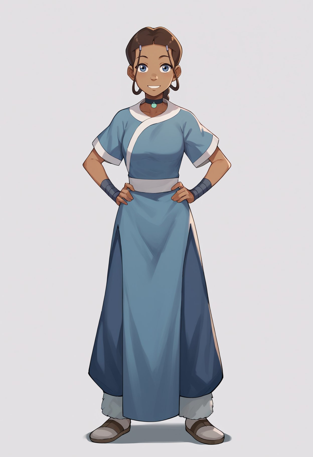 score_9, score_8_up, score_7_up, score_6_up, score_5_up, score_4_up, BREAK, source_anime,1girl, katara, brown hair, braid, blue eyes, dark skin, choker, blue dress, hands on hips, smile, standing, full body, looking at viewer, solo, simple background, white background   <lora:KataraXL:1>