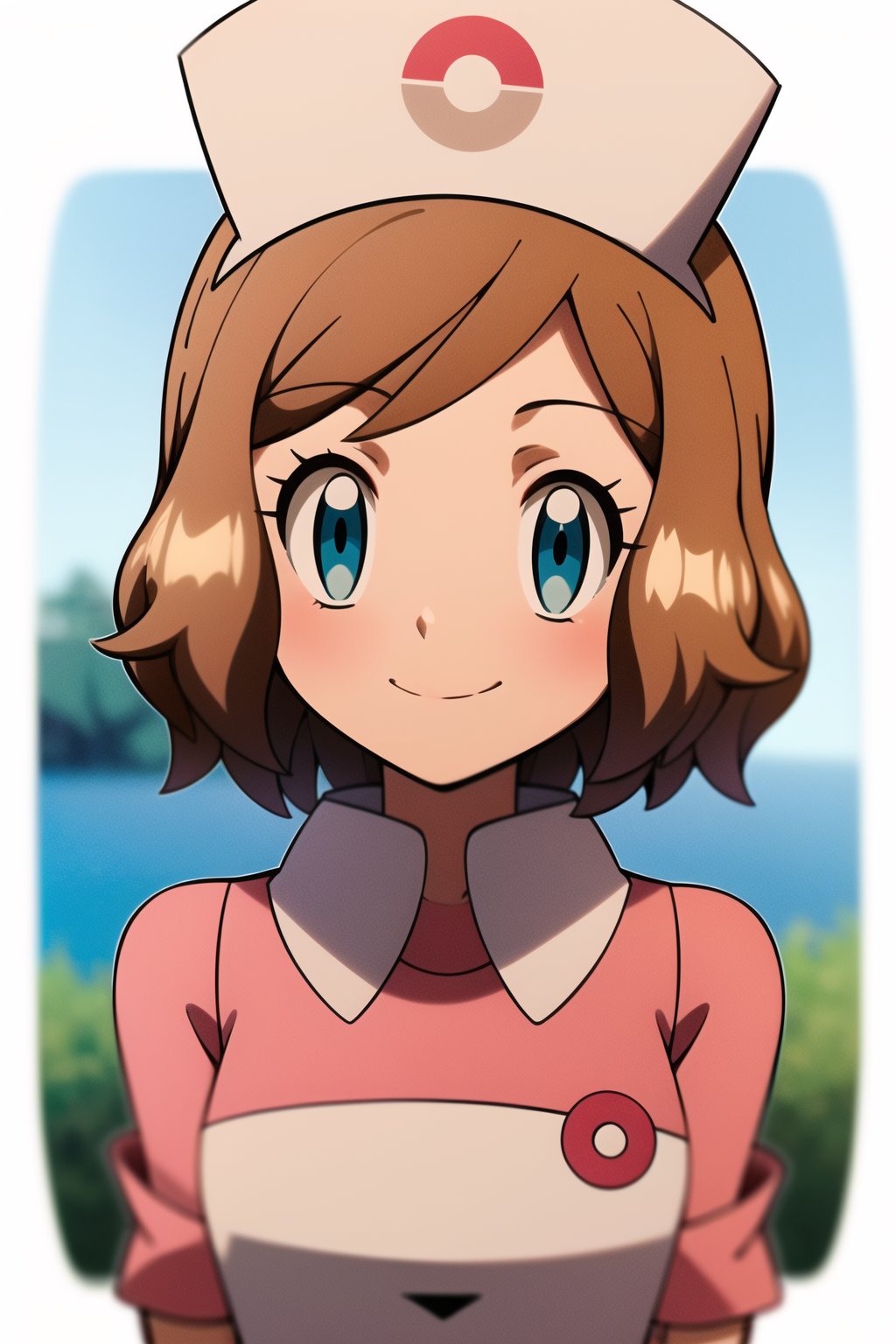 serenajoy, 1girl, solo, looking at viewer, smile, short hair, bangs, blue eyes, outdoors, brown hair, hat, white background, closed mouth, upper body, alternate costume, shiny, shiny hair, cosplay, eyelashes, white headwear, light brown hair, pink dress, nurse cap, collared dress, nurse, poke ball symbol, <lora:more_details:0.5>  <lora:Serena_Joy-12:0.7>