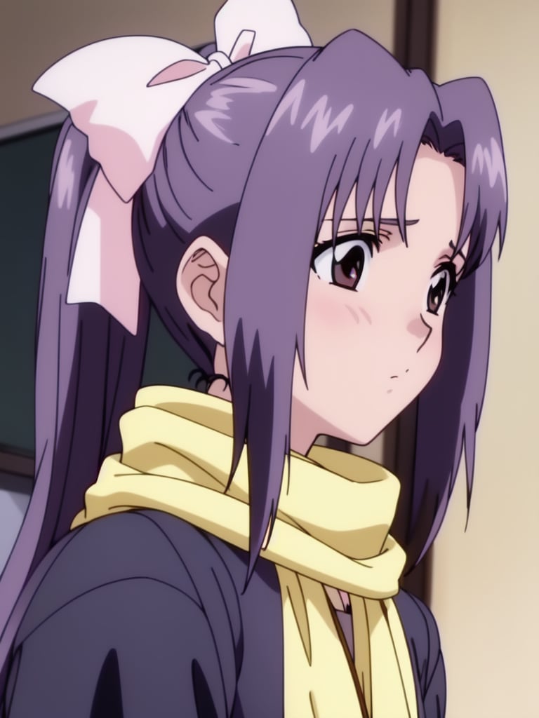 <lora:Koigakubo_Momoko:0.8>, koigakubomomoko, 1girl, solo, coat, scarf, profile, sidelocks, upper body, long sleeves, expressionless, from side, ribbon, bow, hair ribbon, class_room,  2000s \(style\), anime, anime_screencap, animated gif, mp4 ,video, animated, 