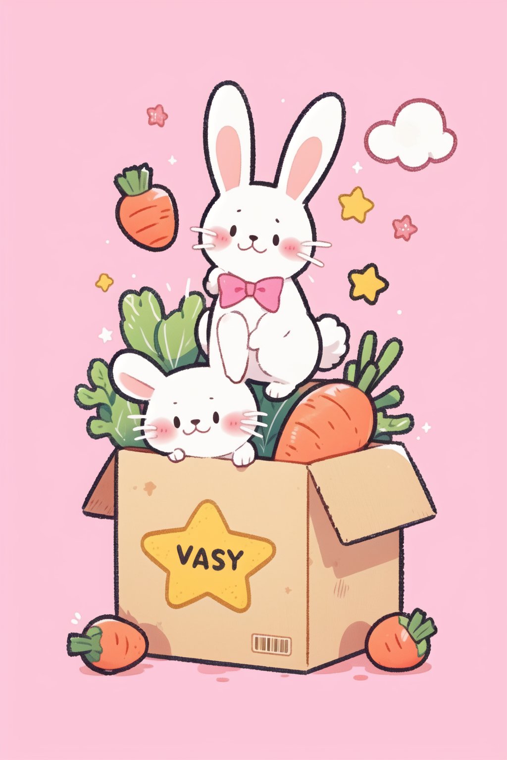 no humans, rabbit, shop, star \(symbol\), carrot, box, animal focus, cloud, english text, food, pink background