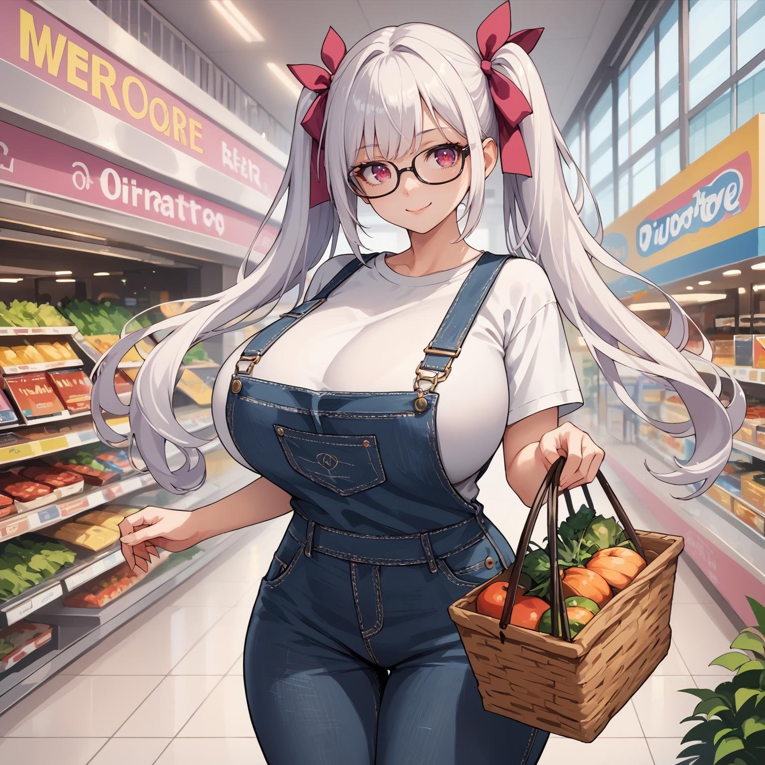 score_9, score_8_up, score_7_up, source_anime, masterpiece, very aesthetic, best quality, anime,twintails, long hair, black glasses, magenta eyes, white hair, hair ribbons, slight smile, petite, short girl, huge breasts, tight shirt, overalls, wide hips, jeans, white shirt, shopping mall, holding shopping basket,(by stable diffusion:.25),