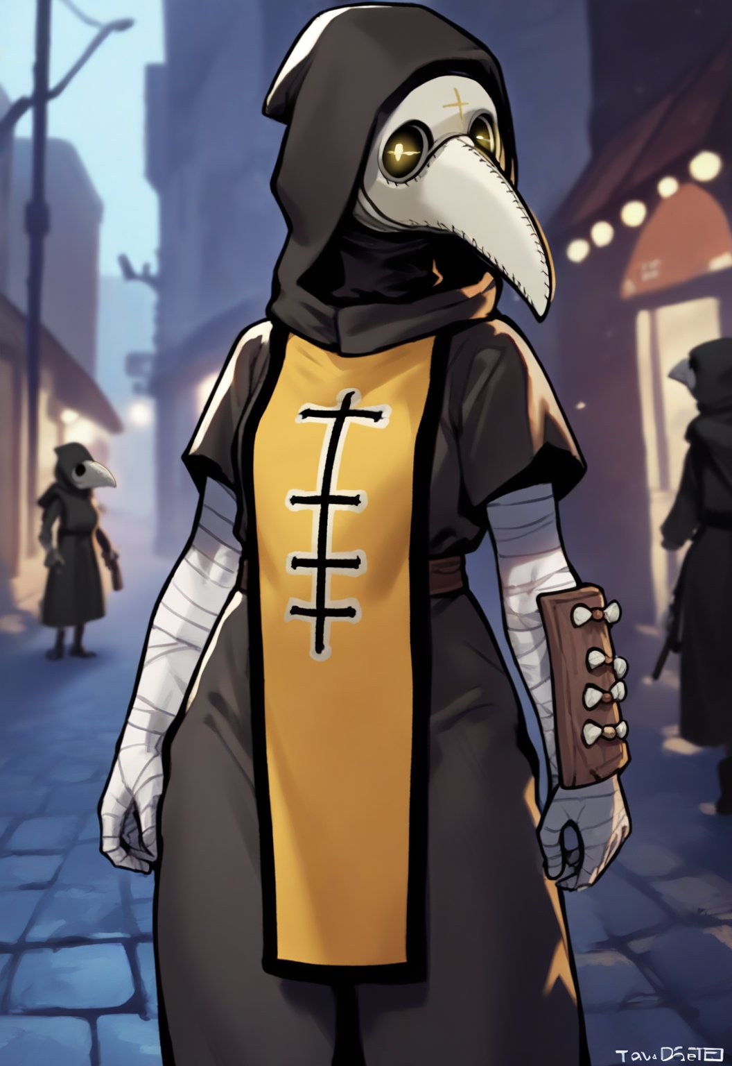 score_9, score_8_up, score_7_up, score_6_up, score_5_up, score_4_up, source_anime, source_furry, digital media \(artwork\), by ywu, 1girl, (mask, plague doctor:1.25), clothed, clothing, fully clothed, (tabard:1.2), female, hood, solo, standing, topwear, detailed background, outside, street, night, tabard, wraps, bandage, looking at viewer, frown<lora:plaguedoctor_pdxl_:1>