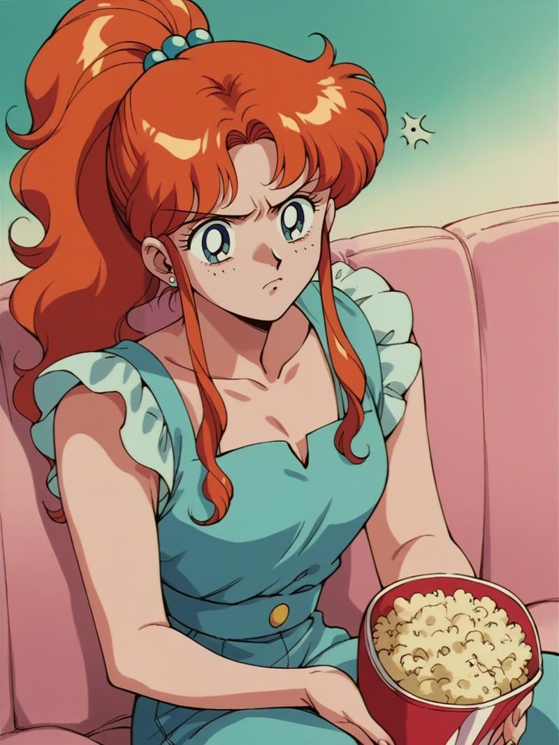 score_9, score_8_up, score_7_up, score_6_up, score_5_up,   <lora:s41l0rm00nXLP:1> s41l0rm00n, retro artstyle, 1girl, ginger hair, popcorn, annoyed, solo,