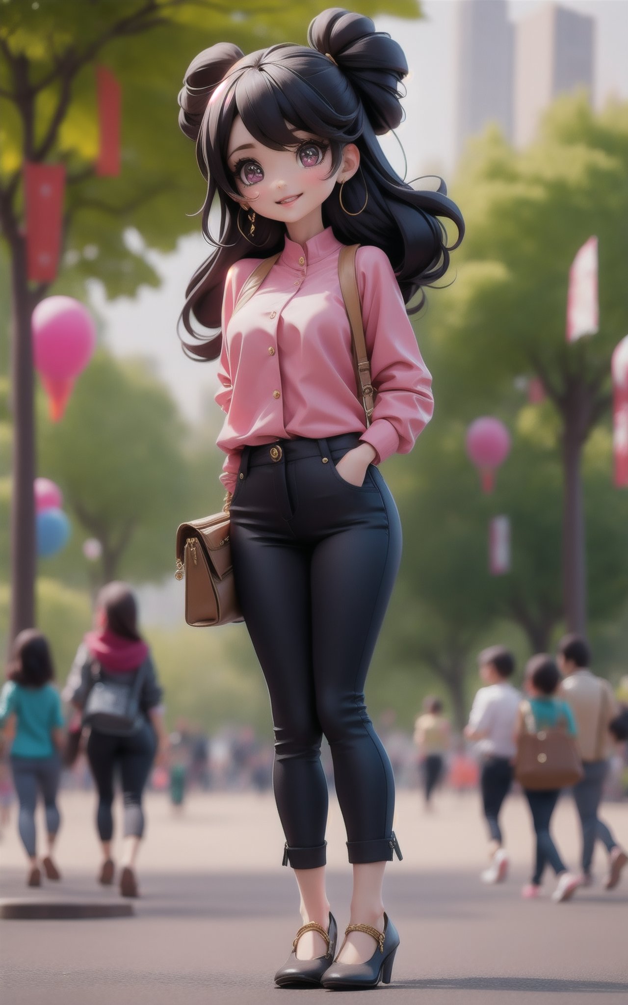 1girl,Medium Length Swoop Bangs Hairstyle,A bustling, modern city park during a vibrant, lively kite festival,Keyhole blouse and slim-fit trousers,Grateful facial expression,dynamic attitude,