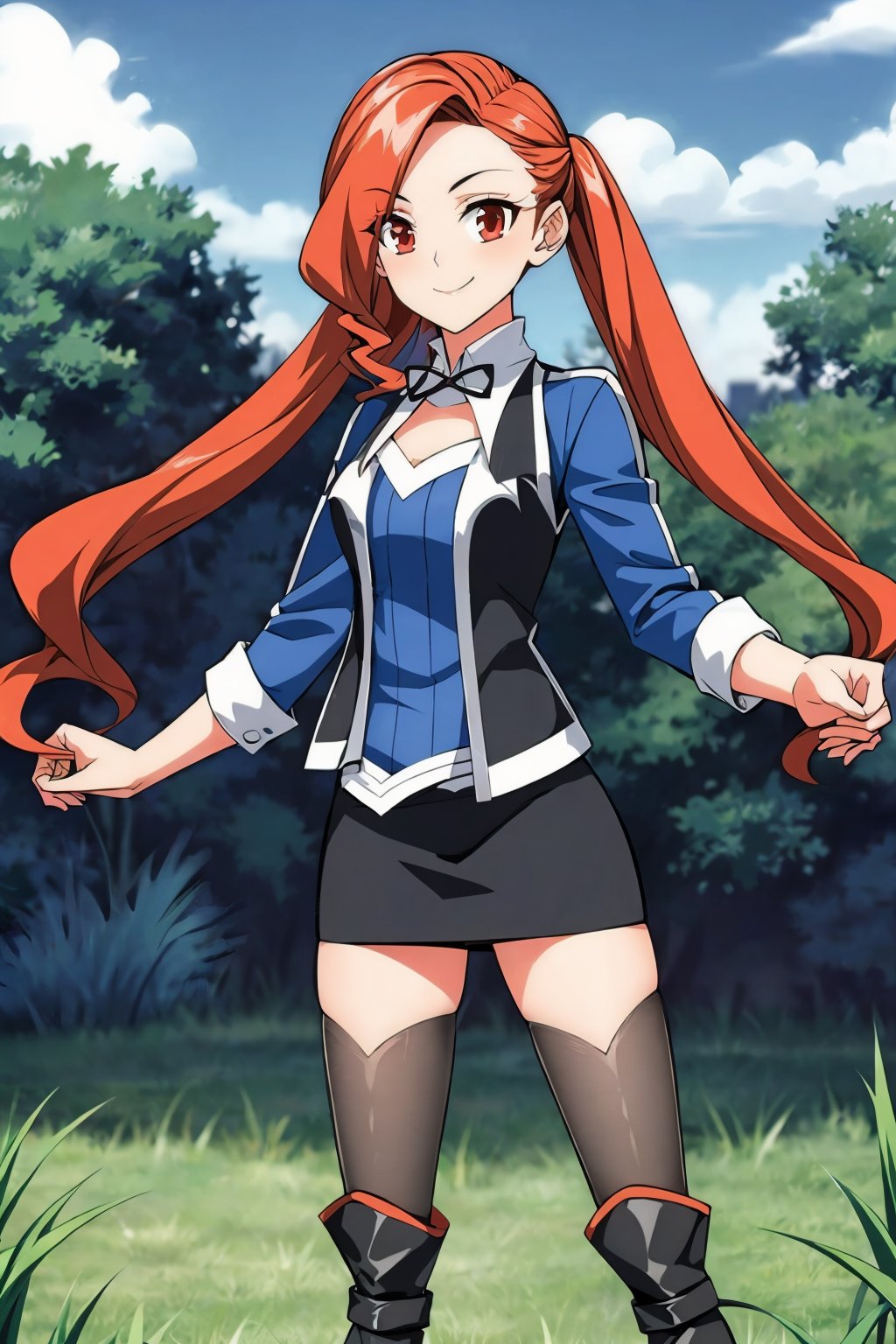 HDR,UHD,best quality,Highly detailed,masterpiece,Professional,<lora:琥嘉:0.8>,hj,1girl,solo,orange hair,long hair,smile,skirt,thighhighs,long sleeves,twintails,standing,jacket,braid,boots,black thighhighs,miniskirt,black skirt,twin braids,zettai ryouiki,knee boots,pencil skirt,<lora:add_detail:0.7>,