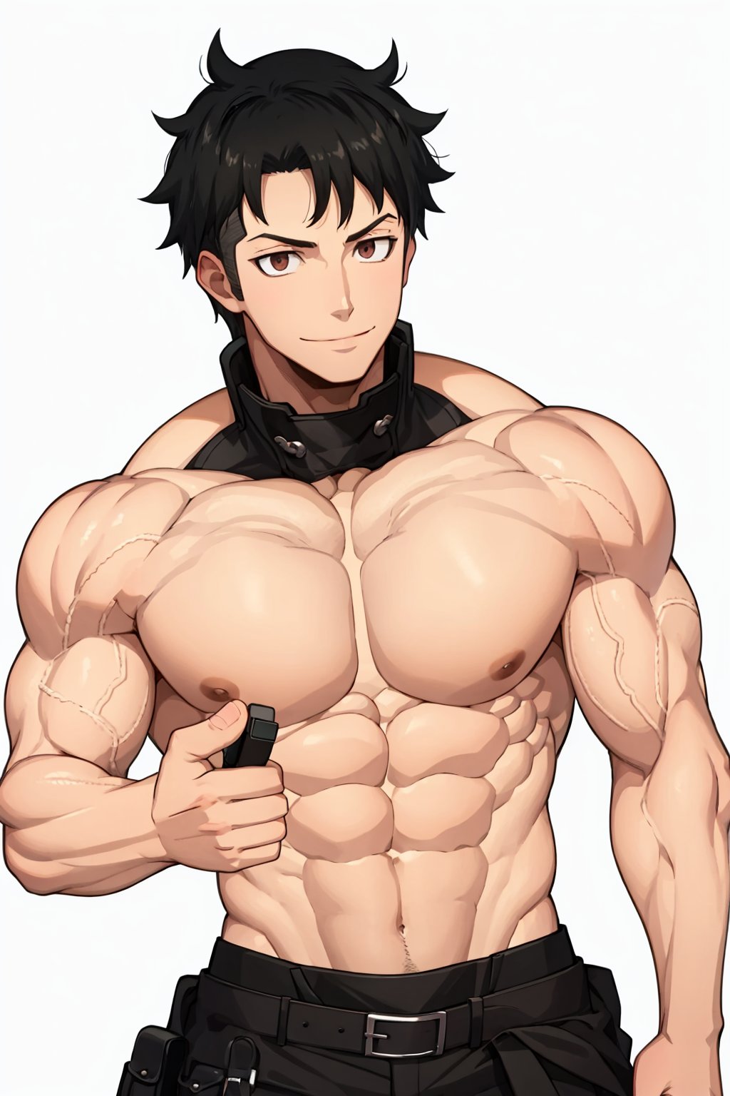 masterpiece,best quality, highly detailed, akitaru oubi,muscular male,bara,1boy,solo,abs,large pectorals,looking at viewer,navel,stomach,smile<lora:akitaru_oubi:1>,simple background,white background