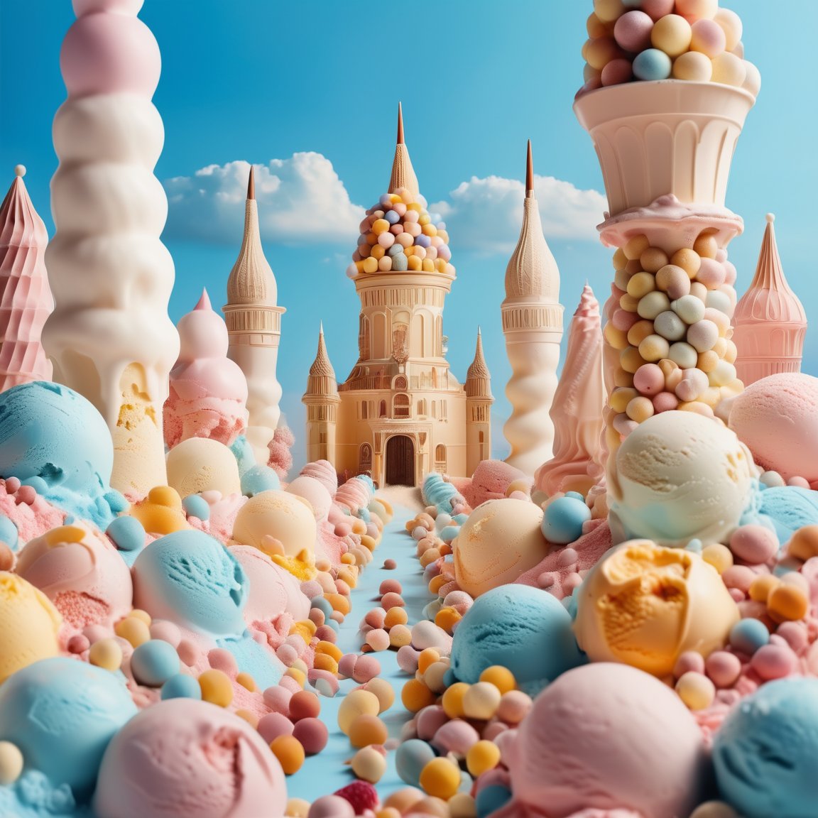 babycream,Surreal photography,whimsical ice cream world photos, a lovely castle of ice cream balls. The city is a small ice cream shop on both sides,The background is blue,cloud<lora:EMS-382534-EMS:0.800000>