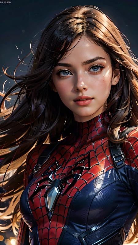 (best quality, masterpiece, colorful, dynamic angle, highest detailed) upper body photo, fashion photography of cute, intense long red hair, \Mary Jane\ in spiderman suit, (ultrahigh resolution textures), in dynamic pose, bokeh, glowing web, (intricate details, hyperdetailed:1.15), detailed, moonlight passing through hair, perfect night, fantasy background, (official art, extreme detailed, highest detailed), HDR+