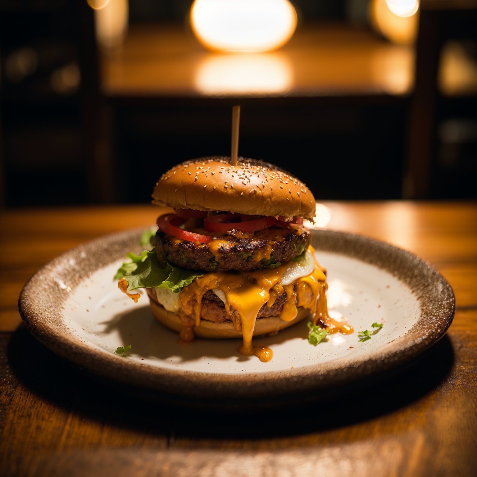 raw photo. cheeseburger,  on a plate,  wood table,  night,  cinematic lighting,  (low key),  close-up