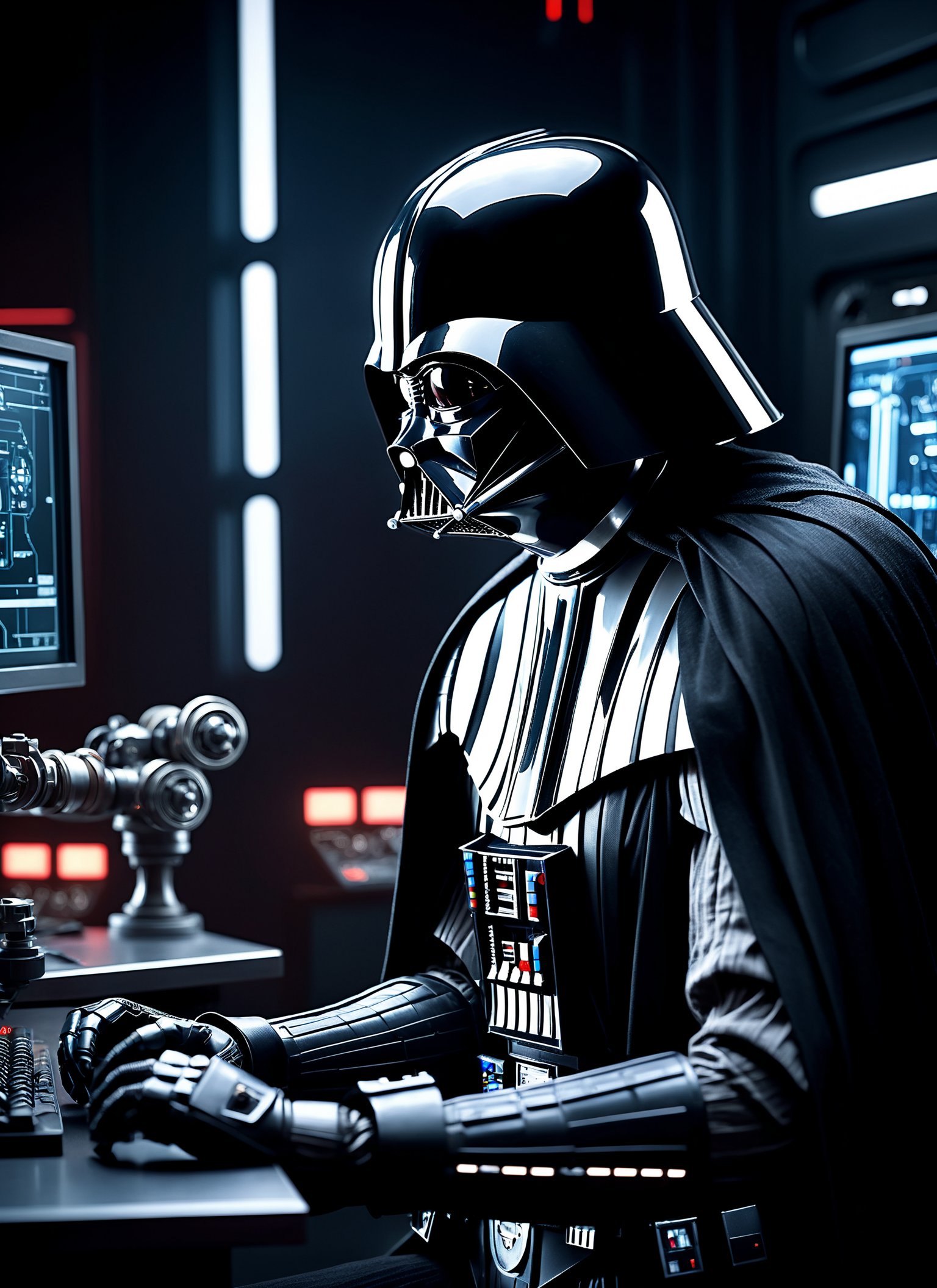 photorealistic cinematic still High angle anime-style illustration, Darth Vader:1.4, (Intense workplace setting:1.3), Focused on computer screen, Elaborate mechanical details, Profound concentration, (Dark shadows:1.3), Glowing screen light, Dramatic contrast, Evokes anticipation, Detailed robotic features, Captured with digital painting techniques . emotional, harmonious, vignette, highly detailed, high budget, bokeh, cinemascope, moody, epic, gorgeous, film grain, grainy . highly detailed, lifelike, precise, accurate