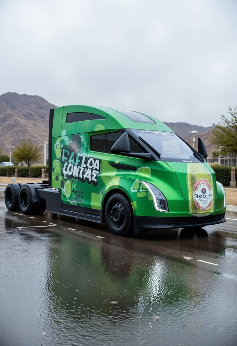 TOKKENEPA TOKTesla-Semi-shipped  a futuristic car in a desert-like environment with mountains in the background.The image is a black and white photograph of a piece of paper with the word "CYBERTRUCK" written in graffiti"TOKcerveza-Presidente  Tesla Semi futurist <lora:Aura_Flux-000010:1>,photography of a monk with lightning aura  "Generate an image of a green truck with the word 'Presidente' written on the side in bold white letters, with a large image of a frosty green bottle of Presidente Light beer extending from the back to the front of the truck. The bottle has a white label with red stripes, appearing cold and covered in frost. The truck is parked on the right side of a wet road, with trees and bushes lining both sides. In the distance, there's a car, and the sky is overcast, suggesting recent rain. This scene is styled like a product advertisement, focusing on the cold and refreshing appearance of the beer bottle against the green truck."in cyan subtitle text, it says 'Cyber-truck' with the same cyan glow. An old, rusted cybertruck is parked in front of a Tesla Supercharger, covered in colorful graffiti in shades of red, orange, yellow, and black, featuring the phrase 'Cyber-semitruck' in bold letters.  