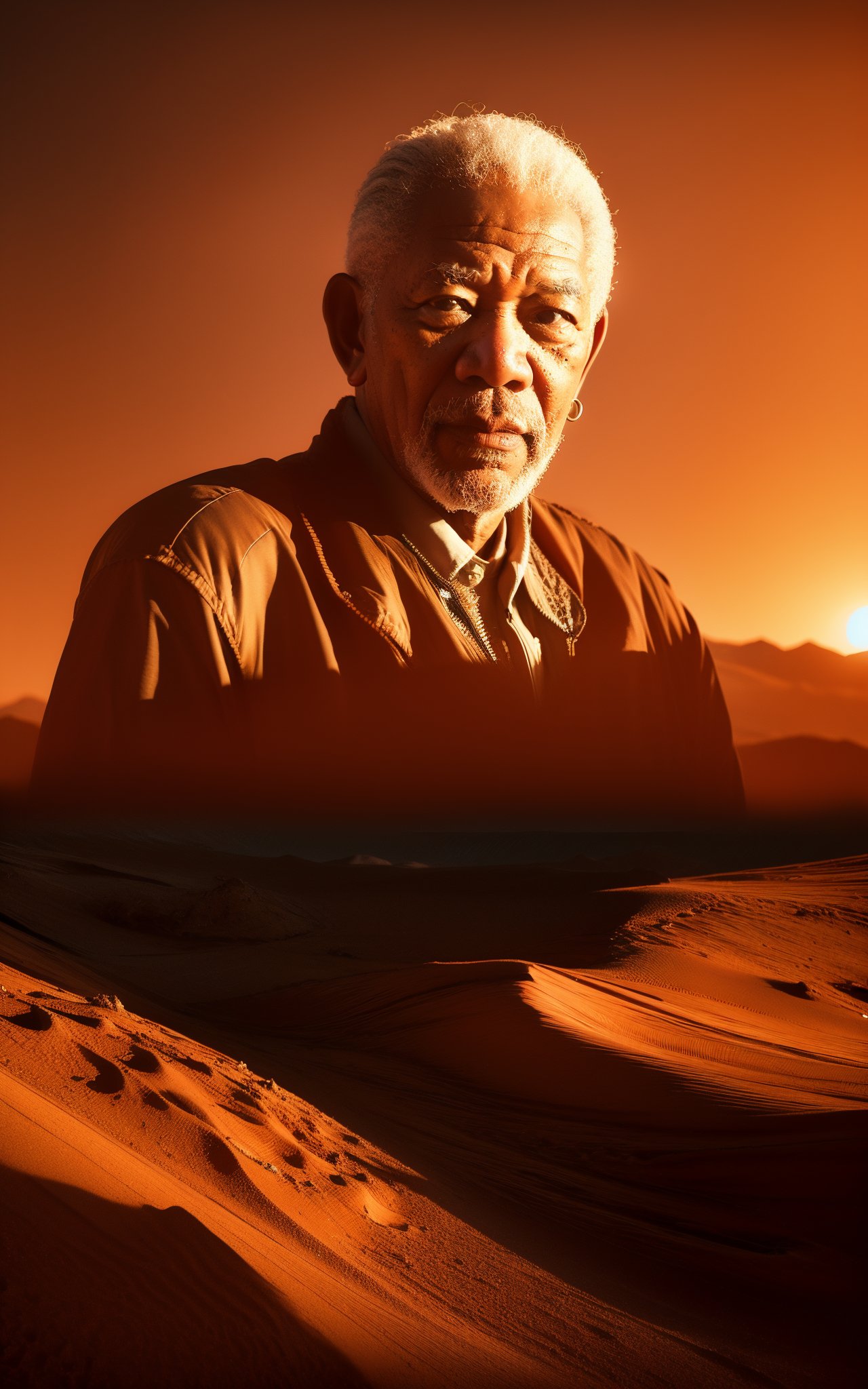 Morgan Freeman,are exploring on mars, (masterpiece, top quality, best quality, official art, beautiful and aesthetic:1.2),cover art,(photo effect:1.5),