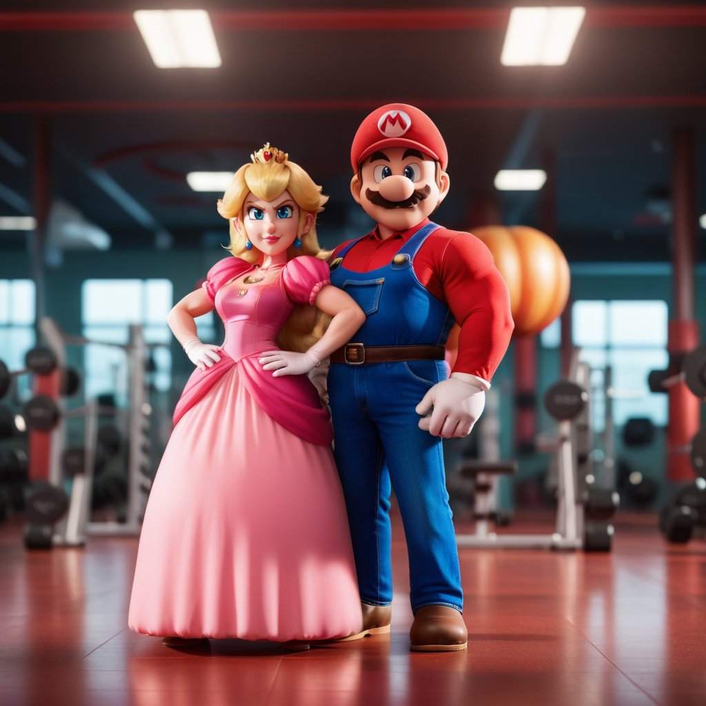 cinematic photo very muscular mario and princess peach as a bodybuilder in a gym  . 35mm photograph, film, bokeh, professional, 4k, highly detailed  <lora:Mario1024-000200:0.6>