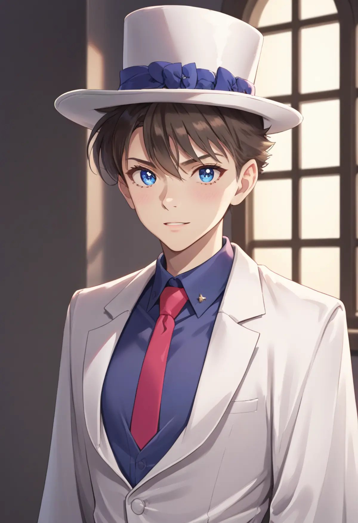 score_9, score_8_up, score_7_up, score_6_up, highly detailed, masterpiece, best quality,detailed,intricate details, amazing quality, best aesthetic, absurdres, kaito_1412, brown hair, blue eyes,white top hat, blue shirt, red necktie, white cape, pauldrons, white pants, white shoes, upper body<lora:EMS-363998-EMS:1.000000>