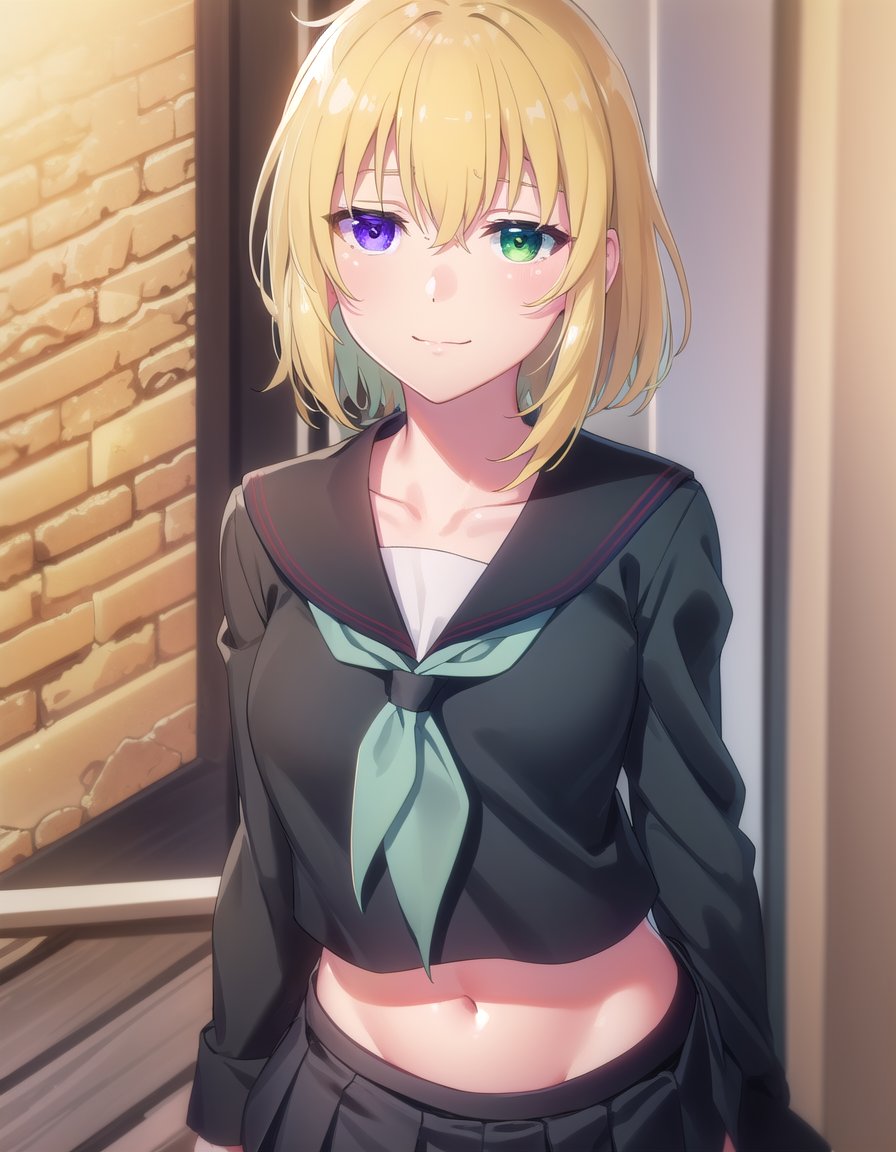 skryona, <lora:sk ryona s1-lora-nochekaiser:1>,ryona, blue eyes, blonde hair, (green eyes:1.3), medium hair, (heterochromia:1.5),BREAK skirt, shirt, long sleeves, navel, school uniform, pantyhose, pleated skirt, necktie, serafuku, midriff, black skirt, sailor collar, black shirt, black sailor collar, (black serafuku:1.2),BREAK indoors, classroom,BREAK looking at viewer, (cowboy shot:1.5), smile,BREAK <lyco:GoodHands-beta2:1>, (masterpiece:1.2), best quality, high resolution, unity 8k wallpaper, (illustration:0.8), (beautiful detailed eyes:1.6), extremely detailed face, perfect lighting, extremely detailed CG, (perfect hands, perfect anatomy),