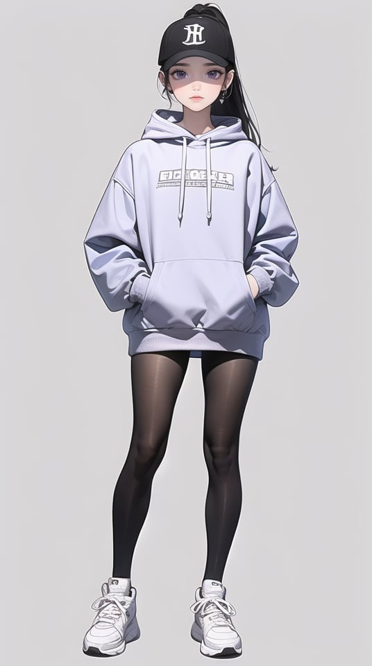 (best quality), ((masterpiece)), (highres), illustration, original, extremely detailed,bbj, 1girl, solo, hoodie, hood, ponytail, shoes, black hoodie, sneakers, baseball cap, full body, black hair, hat, simple background, purple eyes, pantyhose, white background, looking at viewer, sidelocks, standing, black pantyhose, long hair, hood down, long sleeves, white footwear, hands in pockets, black headwear, closed mouth, mole, drawstring, ear piercing