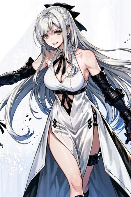 ((cool pose,dynamic angle)),white background,simple background,black background,(mature female),solo,(evil smile),long hair, thighhighs,((white hair):1.4), large breasts,(very long hair),(green eyes),((Bright eyes):1.1),(hair ribbon),((white evening dress):1.2),(neck ribbon),(Shoulder strap),(gauntlets),(clothing_cutout,detached_sleeves),((blue ribbon)), ((black sleeves)),<hypernet:kiseki_style:0.4><lora:lightAndShadow_v10:0.4><hypernet:piromizu_style:0.4><lora:zero_loar:0.6> 